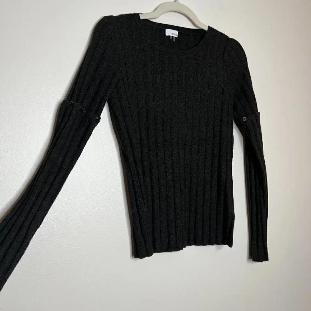 Ecru‎ Ribbed Knit Crewneck Sweater with Convertible Button Sleeves Size XS